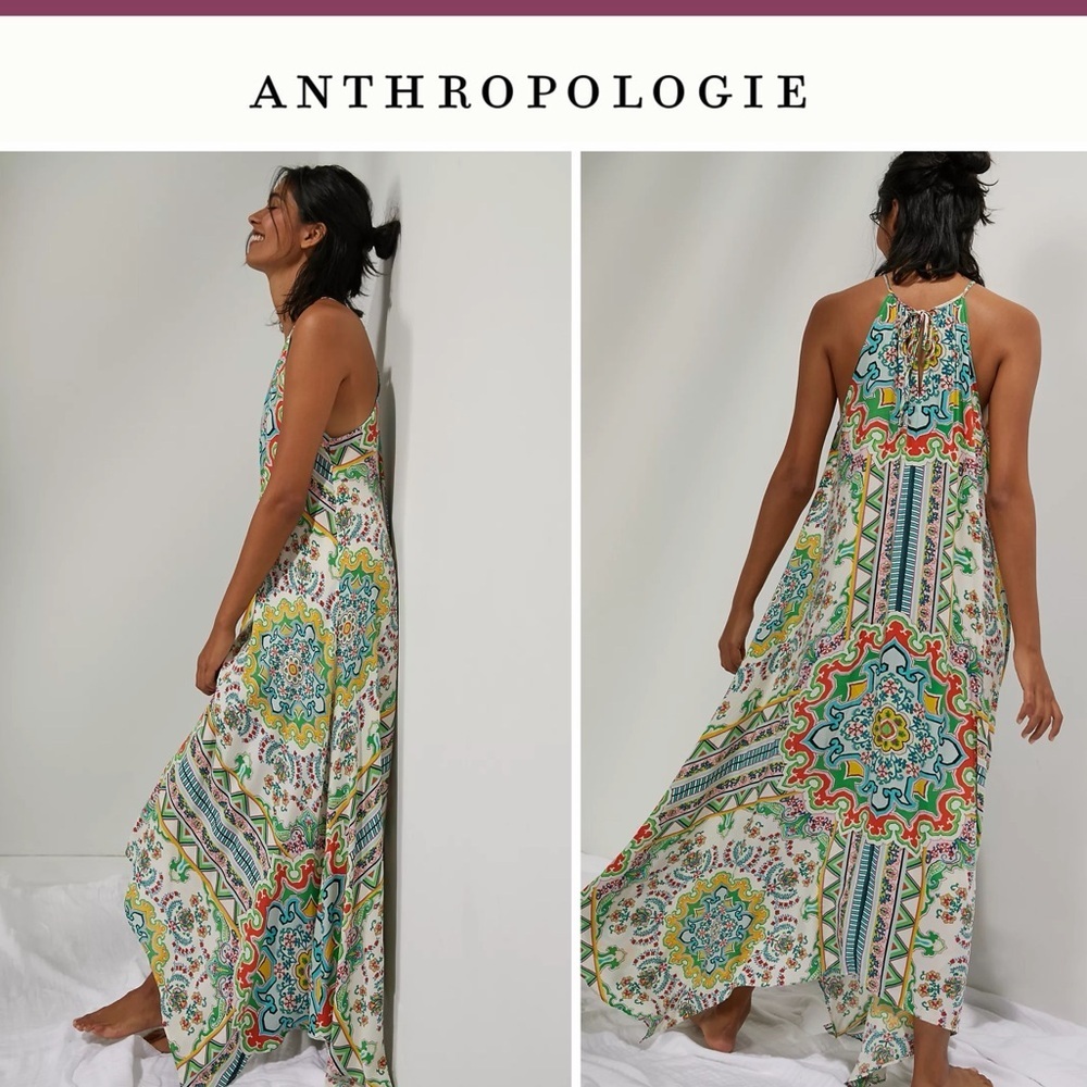 Anthropologie Ella Halter Tunic Dress Tie Neck Hankerchief Hem Maxi S/XS -ovrszd - Picture 1 of 11